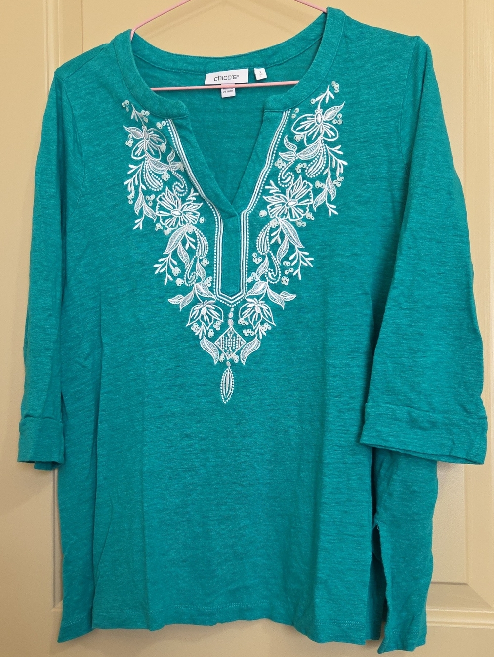 Chico's Teal Floral-Embroidered V-Neck Tunic